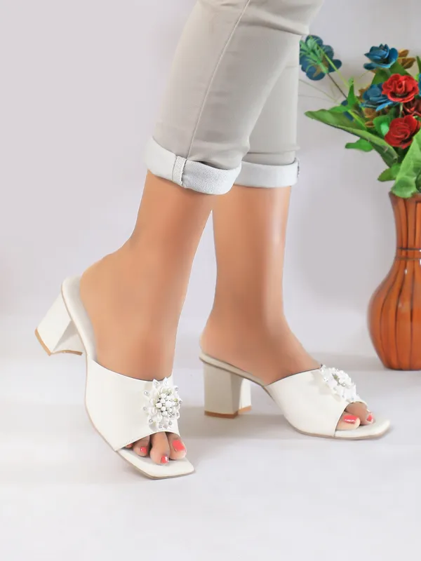 White_Embellished_Block_Heel_Mules_For_Women