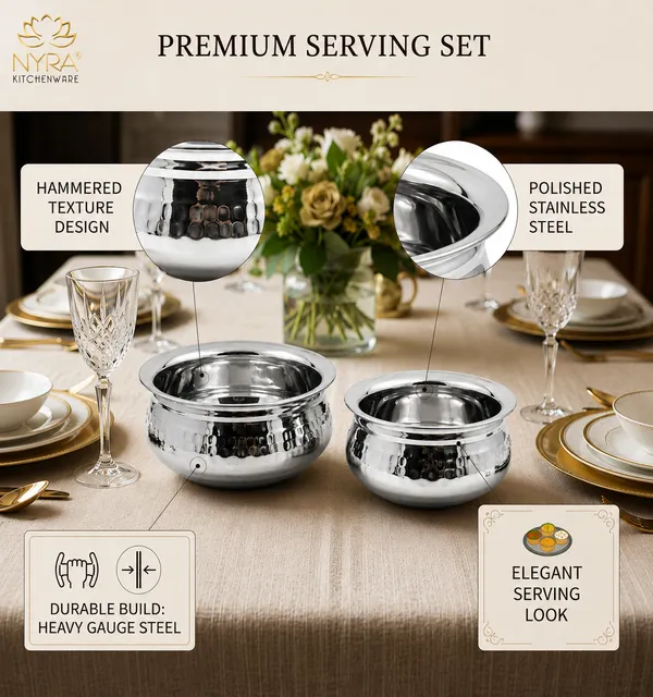 Stainless_Steel_Hammered_Finish_Dal_Handi_-_Premium_Serveware_Set