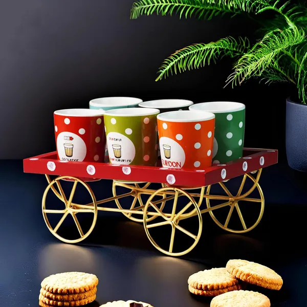 Tea/Chai/Coffee_Glasses_Set_With_Wooden_And_Iron_Cart_Serving_Tray_Set_Of_6_Pcs(1_Cart_&_6_Ceramic_Glasses)
