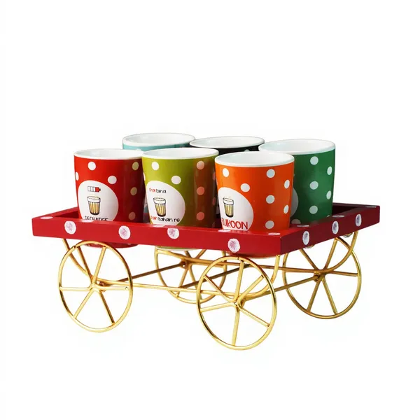 Tea/Chai/Coffee_Glasses_Set_With_Wooden_And_Iron_Cart_Serving_Tray_Set_Of_6_Pcs(1_Cart_&_6_Ceramic_Glasses)