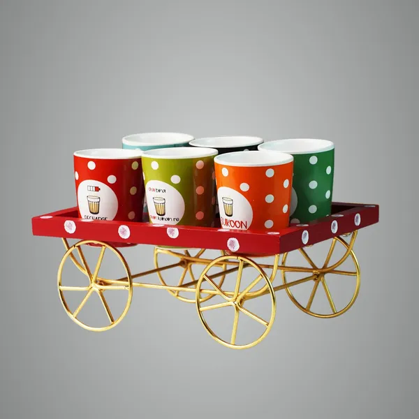 Tea/Chai/Coffee_Glasses_Set_With_Wooden_And_Iron_Cart_Serving_Tray_Set_Of_6_Pcs(1_Cart_&_6_Ceramic_Glasses)