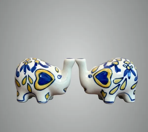Pair_of_Vintage_Hand_Painted_Elephant_Salt_and_Pepper_Shakers_|_Blue_and_Yellow_Floral_Ceramics_Tableware,_Folk_Art_Collectibles