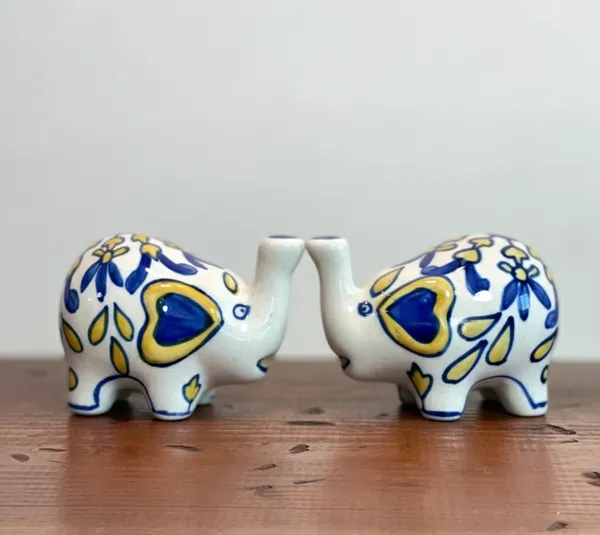 Pair_of_Vintage_Hand_Painted_Elephant_Salt_and_Pepper_Shakers_|_Blue_and_Yellow_Floral_Ceramics_Tableware,_Folk_Art_Collectibles