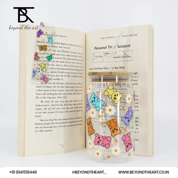 Multicolor_Rainbow_Bear_&_Daisy_Acrylic_Bookmark_And_Glass_Sipper_Combo