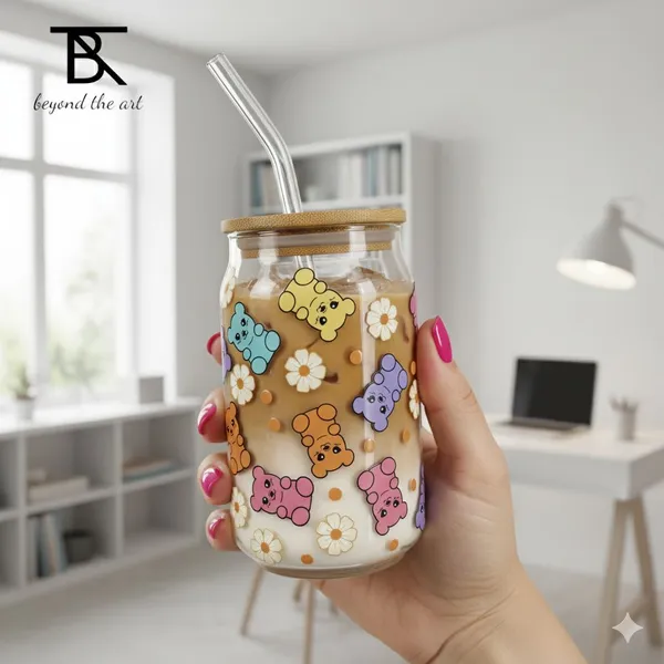Multicolor_Rainbow_Bear_&_Daisy_Acrylic_Bookmark_And_Glass_Sipper_Combo