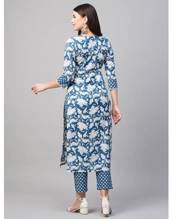 Blue_Floral_Printed_Kurti_Pant_Set_For_Women_