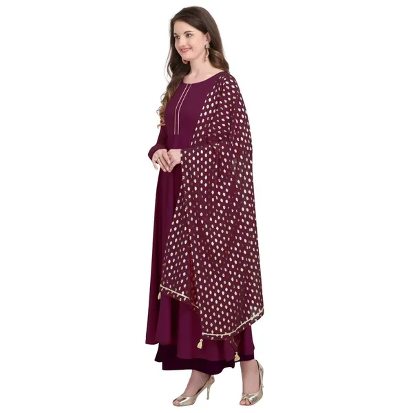 Wine_Crepe_Kurti_&_Dupatta_Set_For_Women