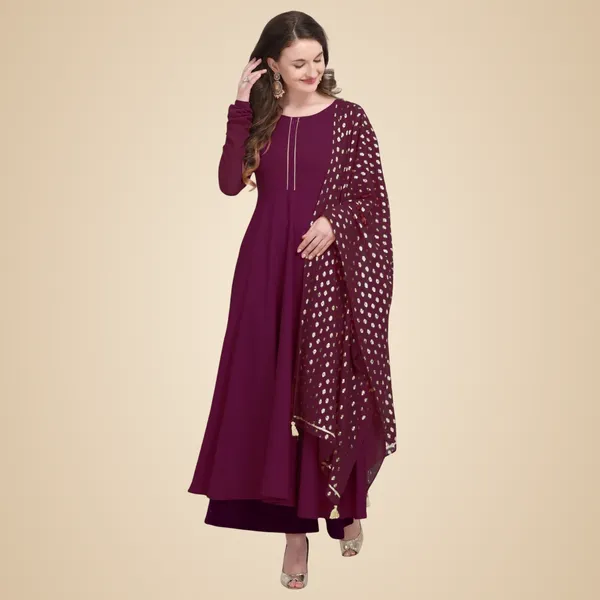 Wine_Crepe_Kurti_&_Dupatta_Set_For_Women