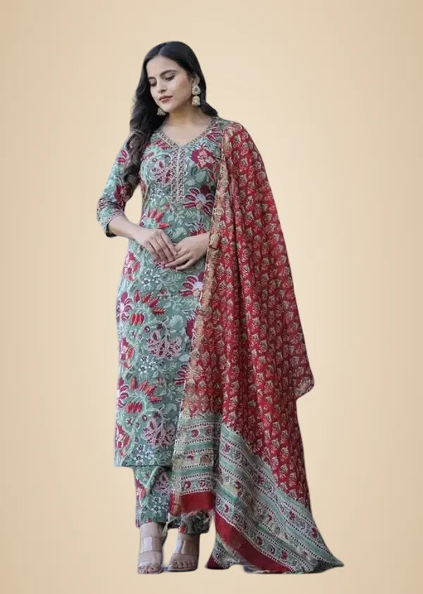 Green__Kurta__Pant_&_Dupatta_For_Women