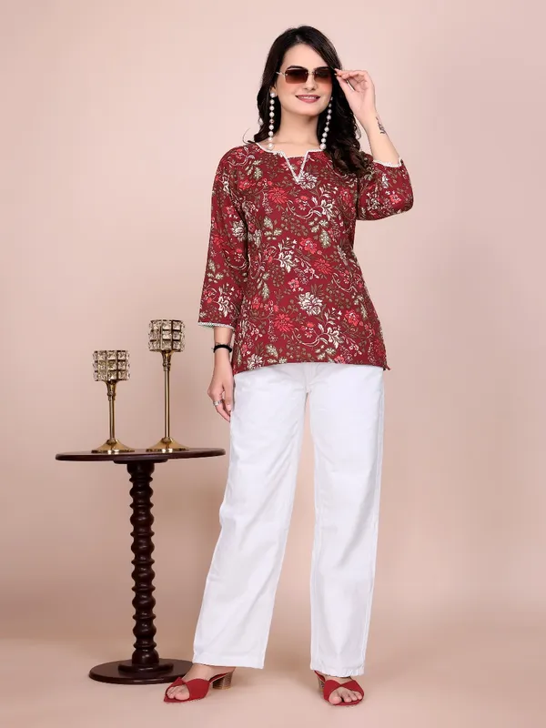 Red_Printed_Rayon_Slub_Tunic_Top_For_Women