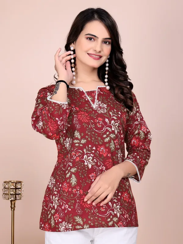 Red_Printed_Rayon_Slub_Tunic_Top_For_Women