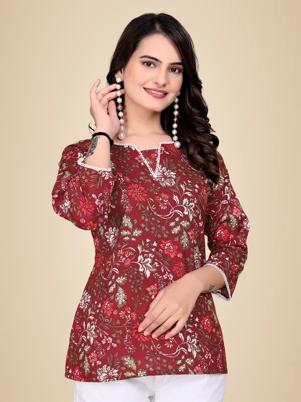 Red_Printed_Rayon_Slub_Tunic_Top_For_Women
