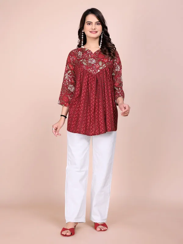 Red_Rayon_Slub_Tunic_Top_For_Women