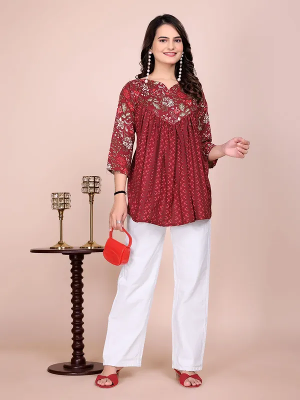 Red_Rayon_Slub_Tunic_Top_For_Women