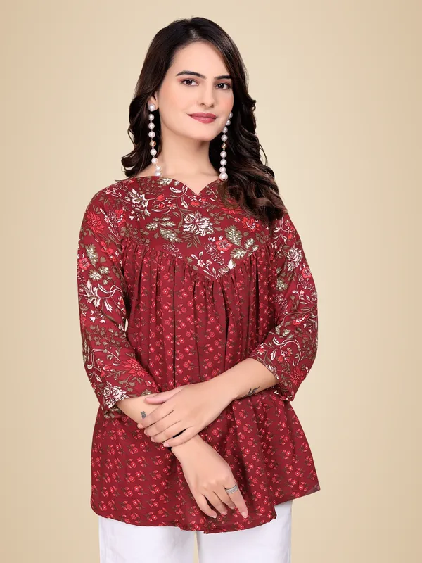 Red_Rayon_Slub_Tunic_Top_For_Women