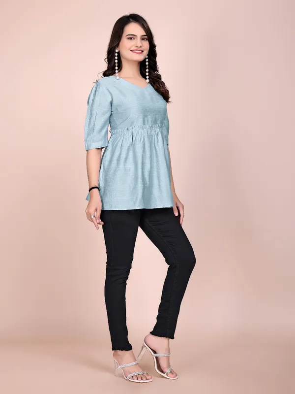 Sky_Blue_Rayon_Slub_Tunic_Top_For_Women
