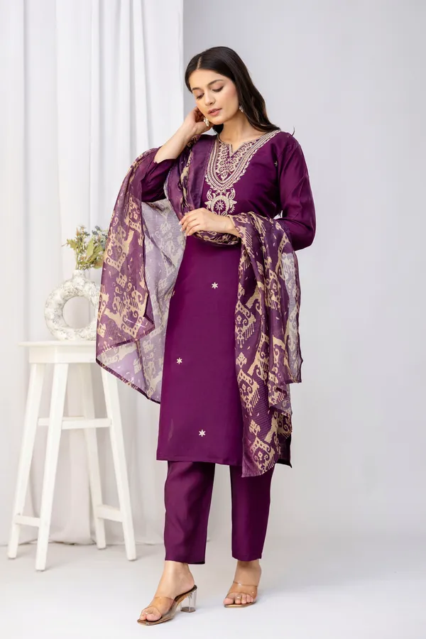 Wine_Pure_Roman_Silk_Kurta__Pant_&_Dupatta_For_Women