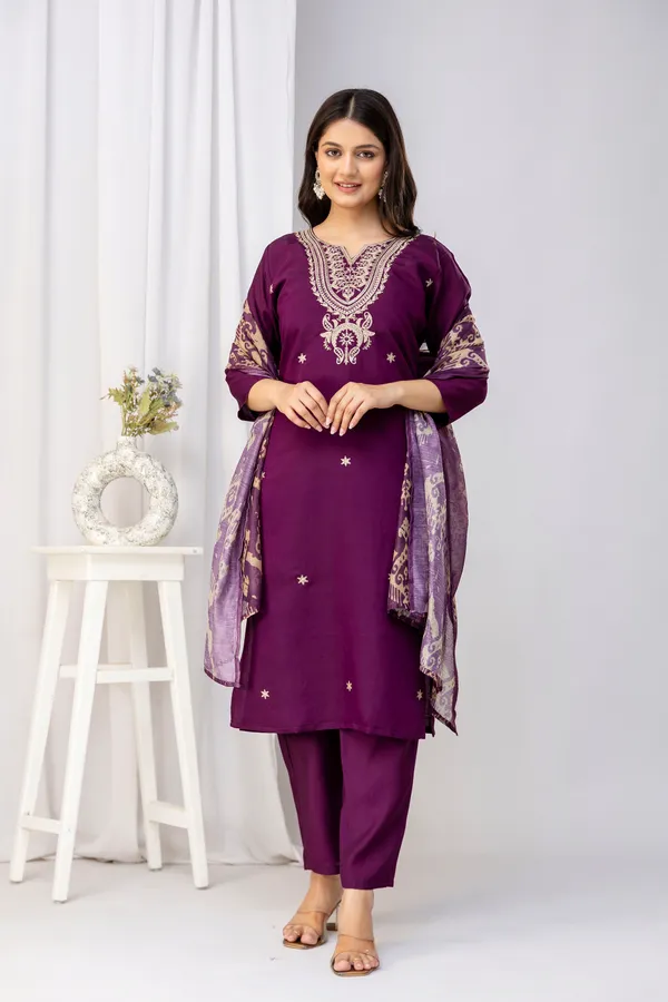 Wine_Pure_Roman_Silk_Kurta__Pant_&_Dupatta_For_Women