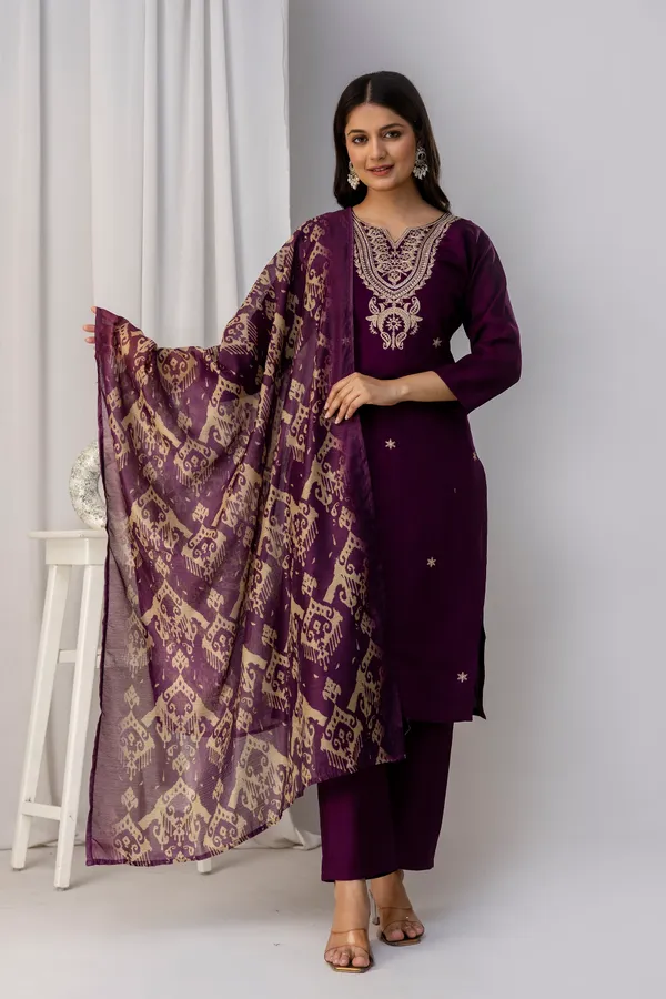 Wine_Pure_Roman_Silk_Kurta__Pant_&_Dupatta_For_Women