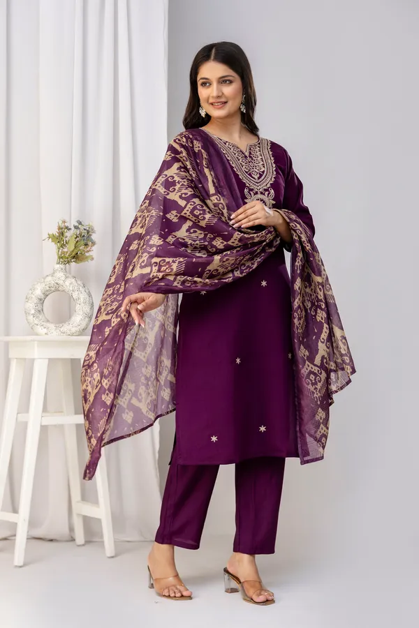 Wine_Pure_Roman_Silk_Kurta__Pant_&_Dupatta_For_Women