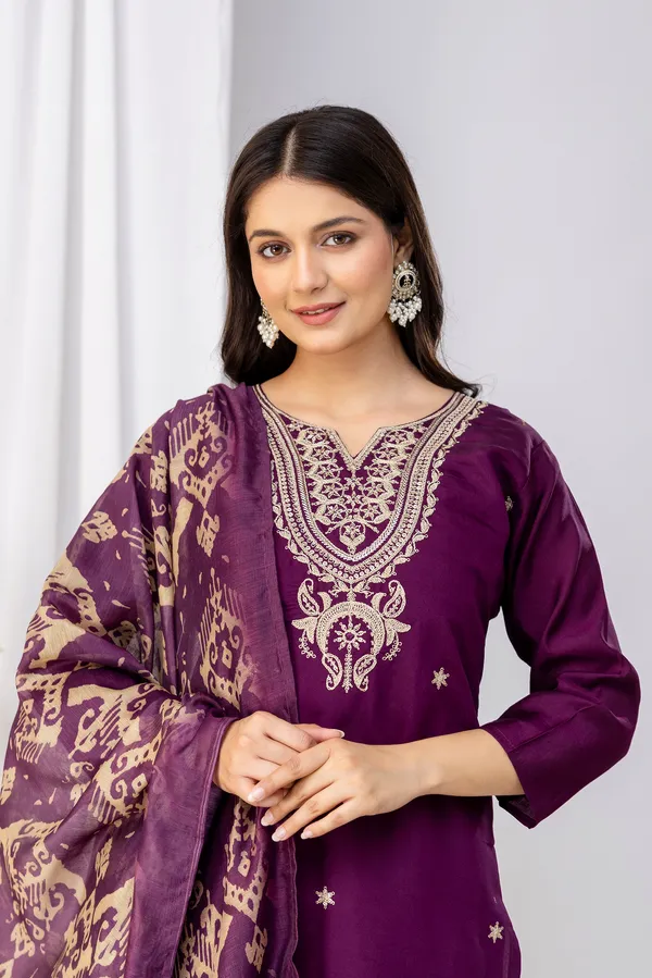 Wine_Pure_Roman_Silk_Kurta__Pant_&_Dupatta_For_Women