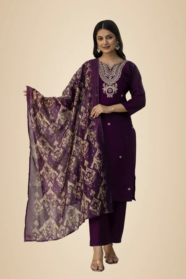 Wine_Pure_Roman_Silk_Kurta__Pant_&_Dupatta_For_Women