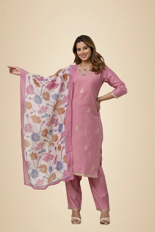 Peach_Viscose_Cotton_Kurta_Pant_&_Dupatta_For_Women