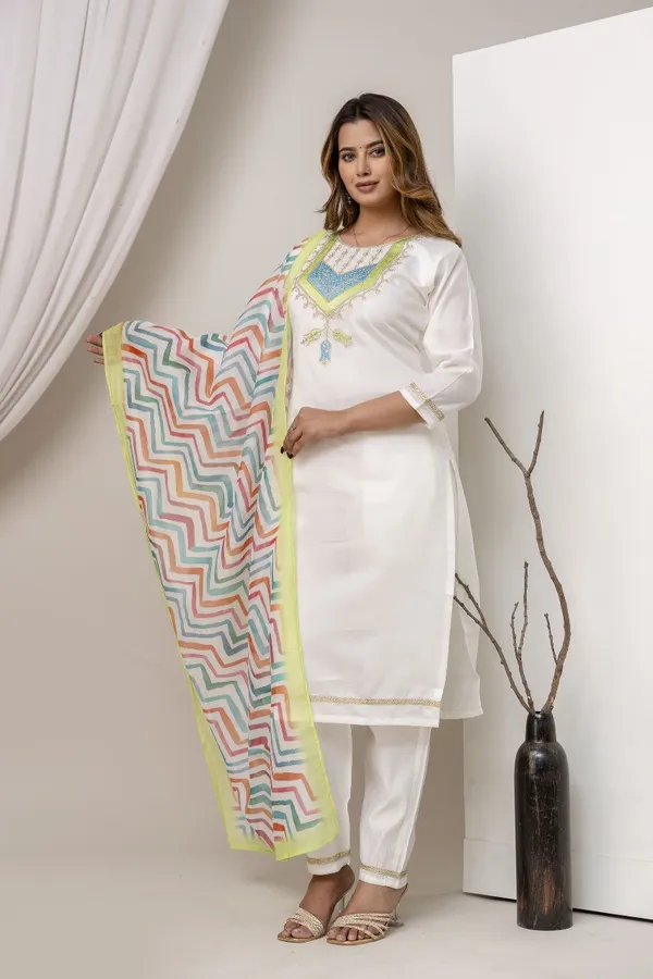 White_Pure_Roman_Silk_Kurta_Pant_&_Dupatta_For_Women