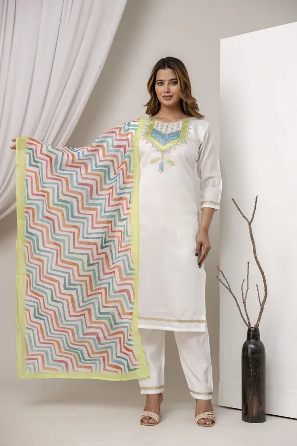 White_Pure_Roman_Silk_Kurta_Pant_&_Dupatta_For_Women