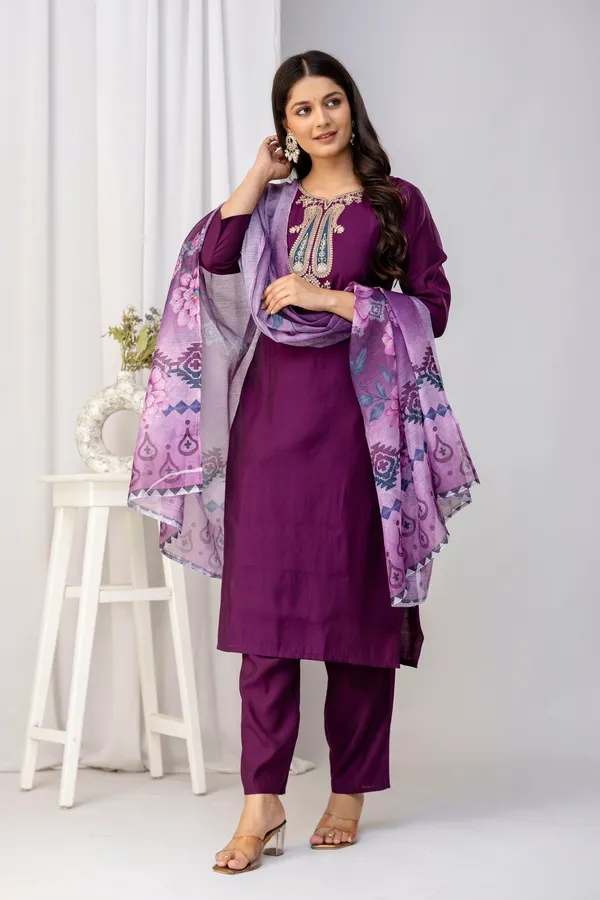 Wine_Pure_Roman_Silk_Kurta_Pant_&_Dupatta_For_Women