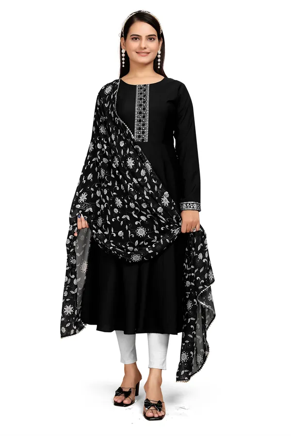 Black_Rayon_Slub_Kurta_Pant_&_Dupatta_For_Women