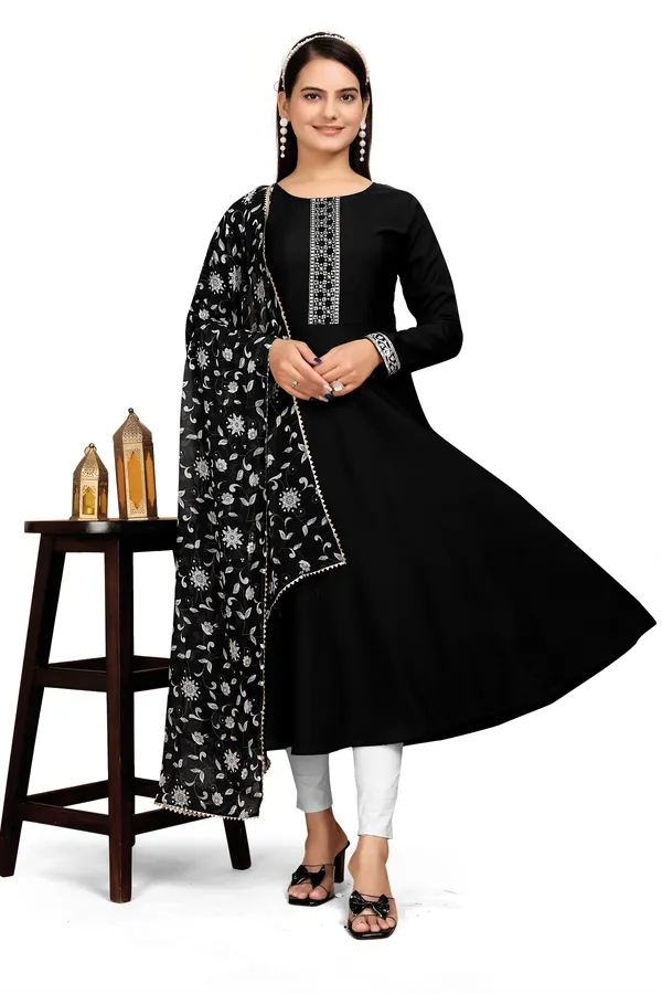 Black_Rayon_Slub_Kurta_Pant_&_Dupatta_For_Women