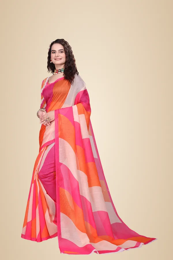 Pink_&_Orange_Linen_Saree_For_Women