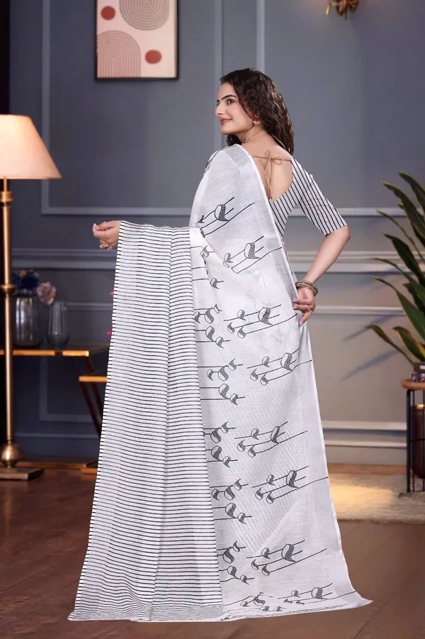 White_&_Black_Linen_Saree_For_Women