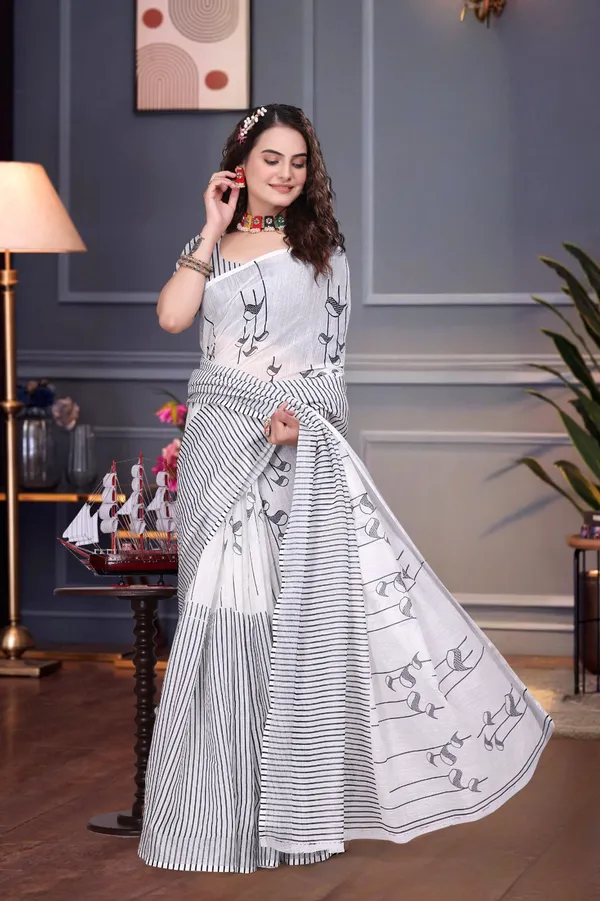 White_&_Black_Linen_Saree_For_Women