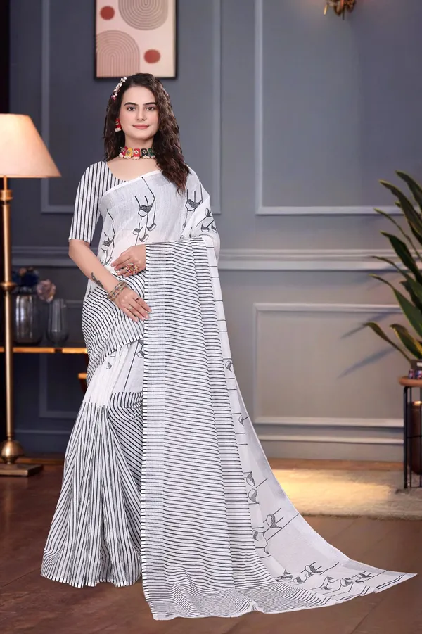 White_&_Black_Linen_Saree_For_Women