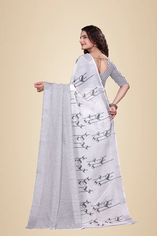 White_&_Black_Linen_Saree_For_Women