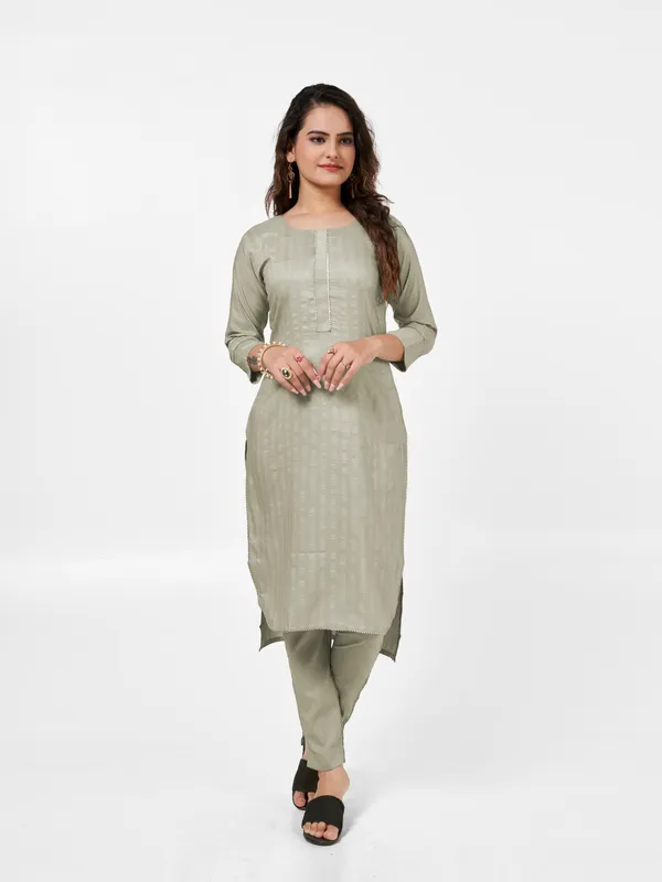 Cream_Jacquard_Kurti_Pant_Set_For_Women