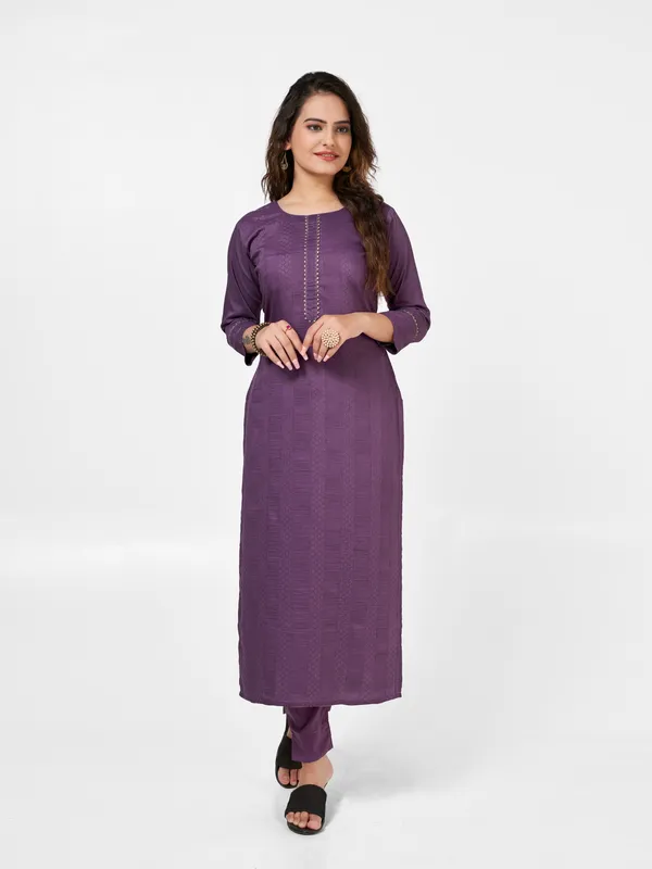 Wine_Jacquard_Kurti_Pant_Set_For_Women