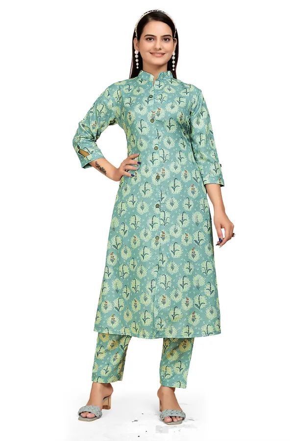 Green_Rayon_Slub_Kurti_Pant_Set_For_Women