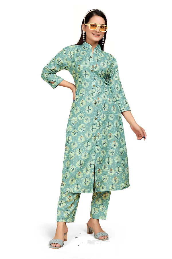 Green_Rayon_Slub_Kurti_Pant_Set_For_Women