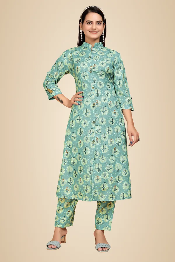 Green_Rayon_Slub_Kurti_Pant_Set_For_Women