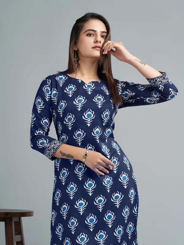 Blue_Cotton_Blend_Kurti_Pant_Set_For_Women