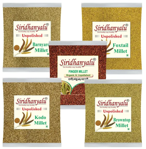 Millets_On_Amazon,_Kodo,_Browntop,_Barnyard,_Finger_Millet_And_Foxtail_Millet_Unpolished_And_Organic_900Gm_Each,_5_Positive_Millets
