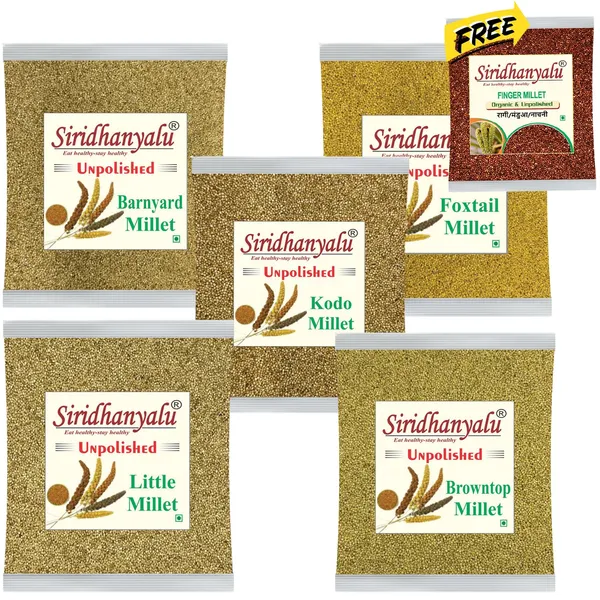 Millets_On_Amazon,_Kodo,_Browntop,_Barnyard,_Little_And_Foxtail_Millet_Unpolished_And_Organic_900Gm_Each,_5_Positive_Millets_(Buy_5_&_Get_250Gm_Finger_Millet_Completely_Free)
