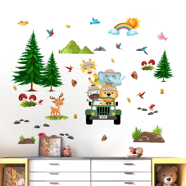 Kids_Forest_Theme_Picnic_Jeep_Inspired_Cute_Elephant_Lion_Deer_Kids_Room_Wall_Sticker