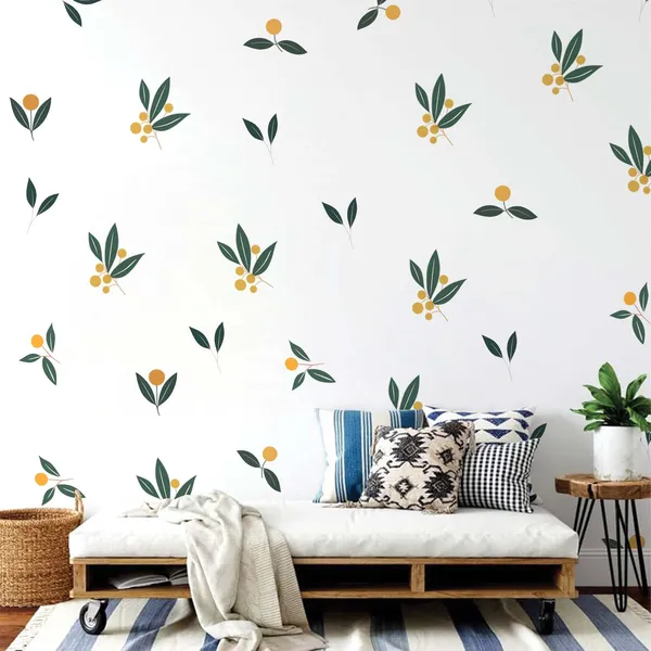 Minimalist_Leaf_Wall_Stickers_for_Living_Room_|_Botanical_Peel_and_Stick_Wall_Decals_with_Yellow_Berry_Design