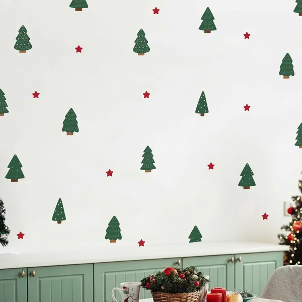 StickMe_Christmas_Trees_&_Stars_Pattern_Wall_Sticker_Home_Decor_Decals_|_Minimal_Festive_D�cor_|_Premium_Large_|_Set_of_70_Stickers_|_Apt_for_10_x_10_ft_wall