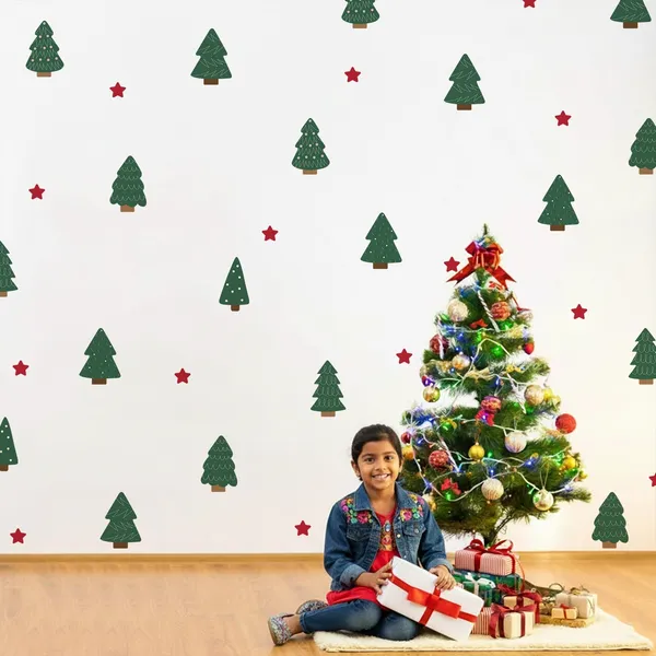 StickMe_Christmas_Trees_&_Stars_Pattern_Wall_Sticker_Home_Decor_Decals_|_Minimal_Festive_D�cor_|_Premium_Large_|_Set_of_70_Stickers_|_Apt_for_10_x_10_ft_wall
