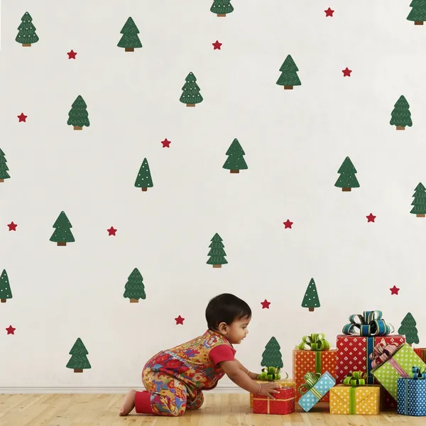 StickMe_Christmas_Trees_&_Stars_Pattern_Wall_Sticker_Home_Decor_Decals_|_Minimal_Festive_D�cor_|_Premium_Large_|_Set_of_70_Stickers_|_Apt_for_10_x_10_ft_wall